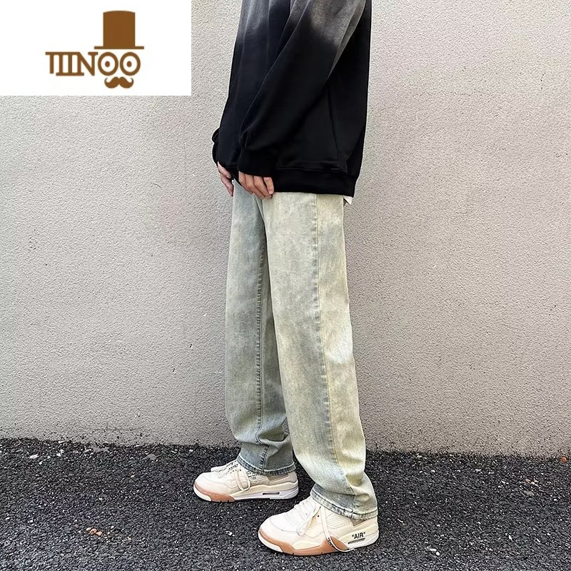 YANXU欧美vibe风高街复古黄泥染做旧牛仔裤男显瘦hiphop宽松直筒长裤潮高清大图