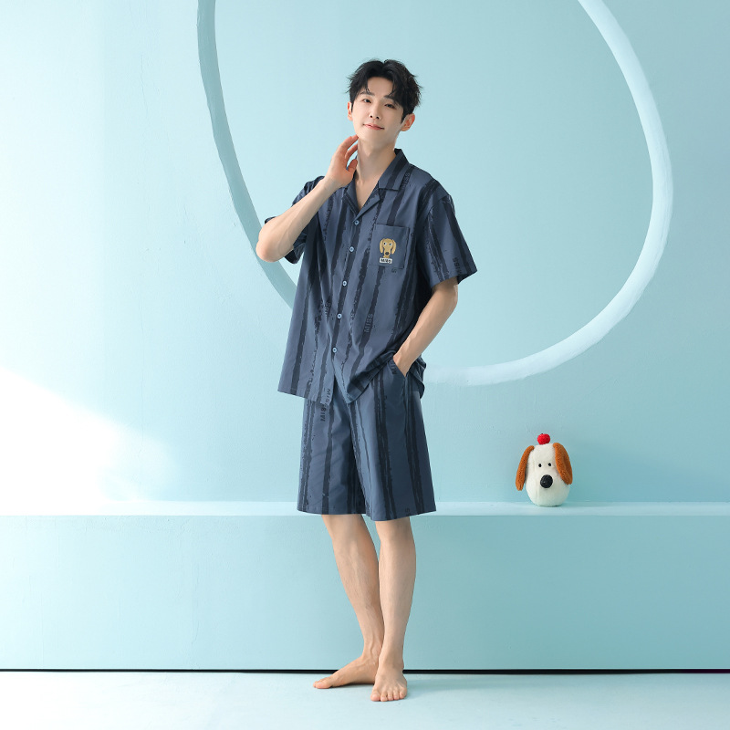 米奇喵[抗菌新疆棉]慵懒松弛风睡衣套装拉架棉夏季男士纯棉家居服 慵懒松弛风睡衣 颜色尺码备注高清大图