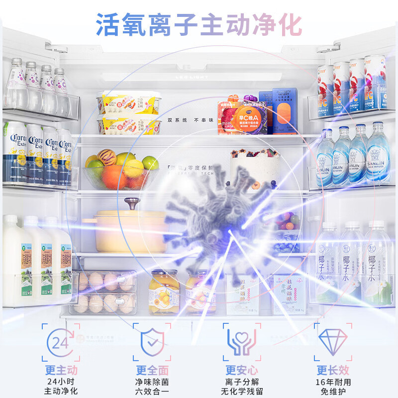 华凌冰箱 美的出品618神机601L 家用十字门冰箱 双系统2.0 主动净化超薄零嵌大容量 HR-618WUSPZ雾影白高清大图