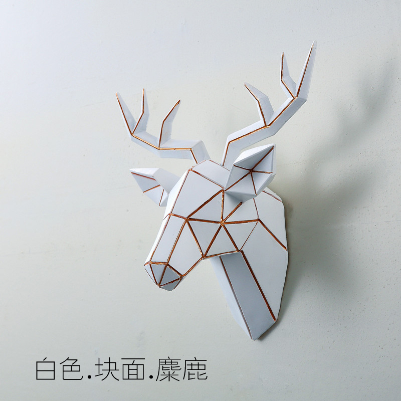美式创意仿真鹿头壁挂客厅背景墙动物头装饰挂件复古立体壁饰树脂 三维工匠 白色.块面.麋鹿高清大图