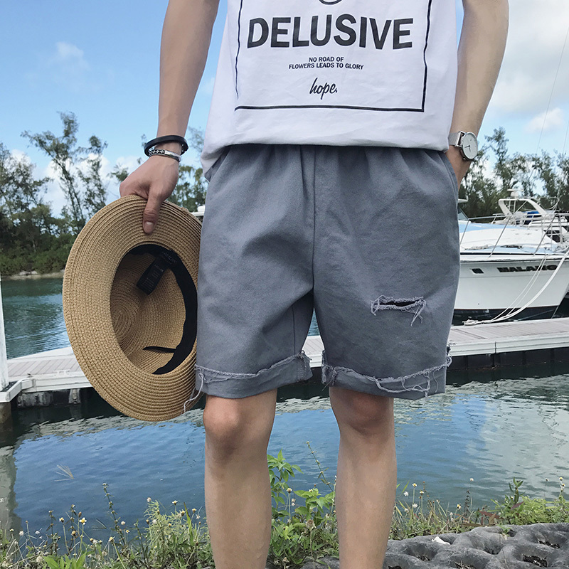 个性夏款日系简约做旧毛边水洗破洞短裤男生休闲裤工装五分裤子潮
