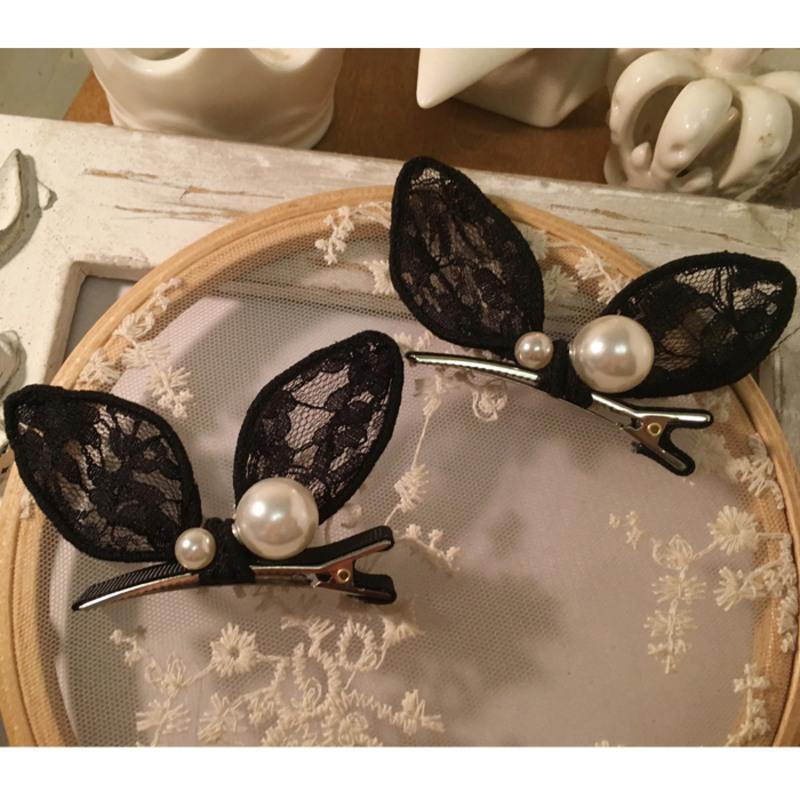 黑色珍珠蕾丝兔耳朵蝴蝶结发夹子卡子蕾丝刘海夹鸭嘴夹边夹顶夹四件套