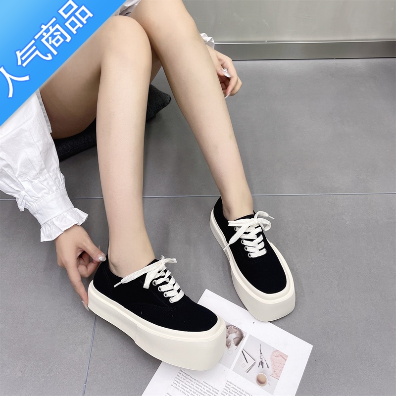 SUNTEK方头帆布鞋女厚底ins潮百搭2023新款夏季休闲透气小白鞋大头板鞋高清大图