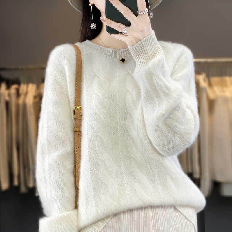 鄂尔多斯羊绒衫女士毛衣加厚半高领羊绒衫女秋冬100%纯山羊绒毛衣新款宽松打底七针加厚羊毛衫女100纯羊毛秋冬麻花毛衣 P125暖白 2XL