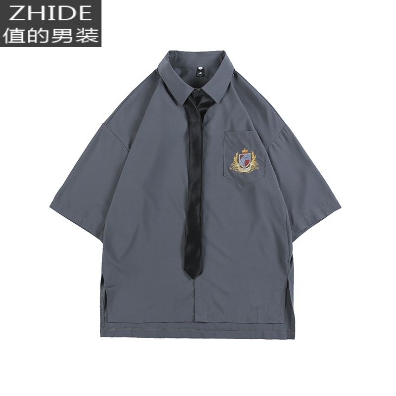 SUNTEK夏季长袖衬衫男短袖学院风宽松帅气百搭情侣jk衬衣五分袖dk制服男衬衫高清大图