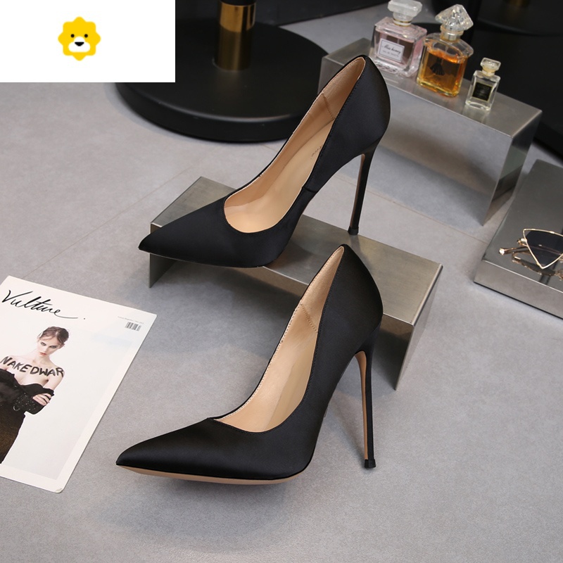 fish basket黑色超细跟绸缎10厘米性感8m宴会尖头高跟鞋女细跟春秋9