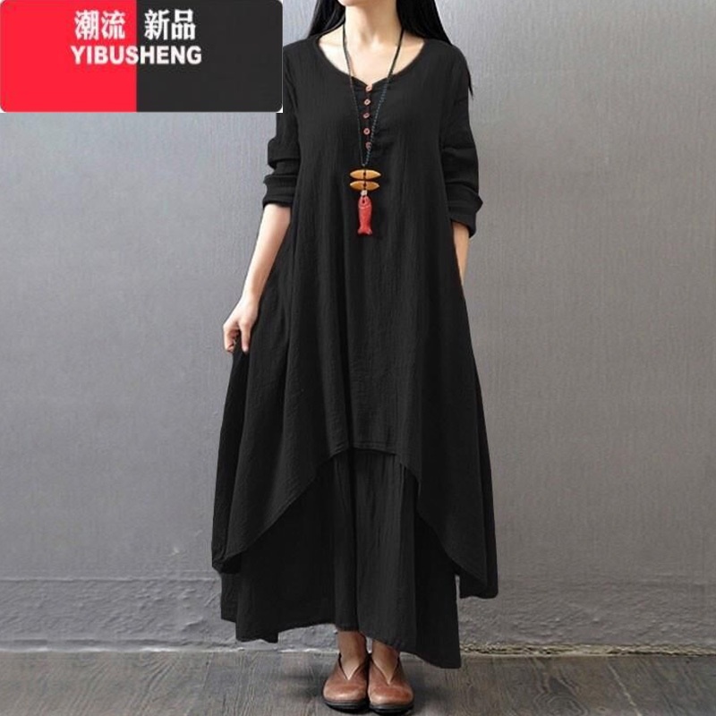 YIBUSHENG新款民族风优质假两件长裙春秋大摆亚麻连衣裙宽松长袖棉麻裙高清大图