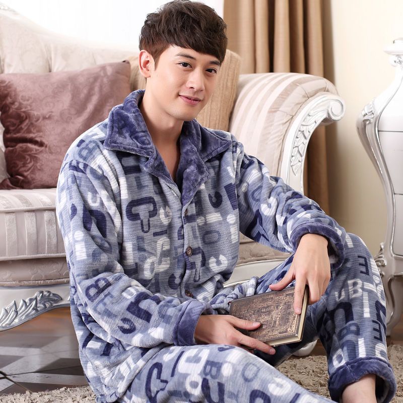 睡衣男加厚法兰绒中青年秋冬季家居服保暖毛绒加肥大码珊瑚绒套装