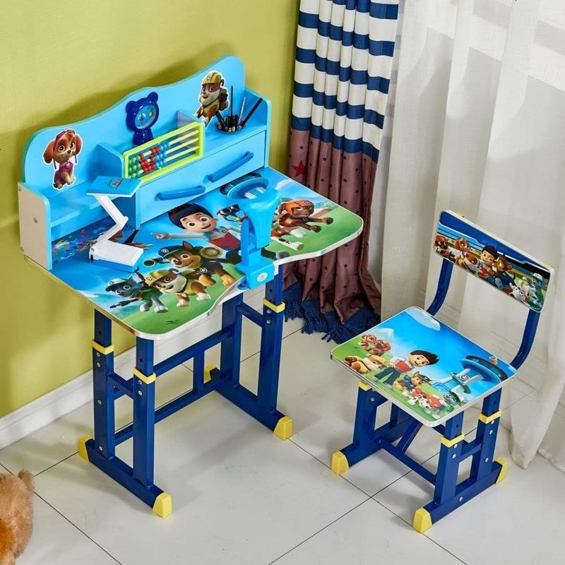 儿童学习课桌椅套装小学初中生吃饭写作业的写字台凳简易书桌架子 带护眼灯 款2加大全图版-佩奇-蓝色图片