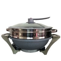 多功能韩式电炒锅家用古达电火锅不粘锅宿舍炒菜电热锅煮饭一体大电锅 麦饭石真空款33cm[带蒸笼]
