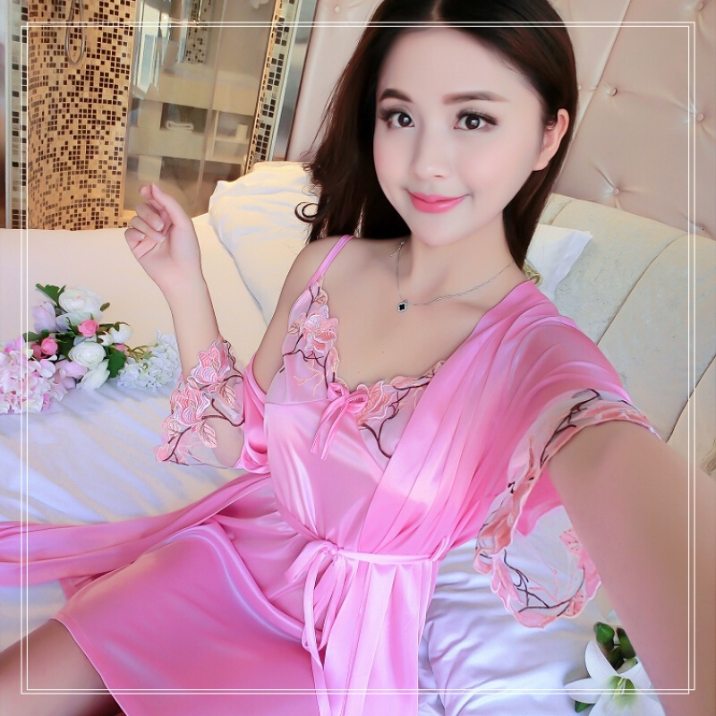 夏天薄款性感睡衣夏女短袖家居服诱惑短裙带睡裙冰丝绸两件套装