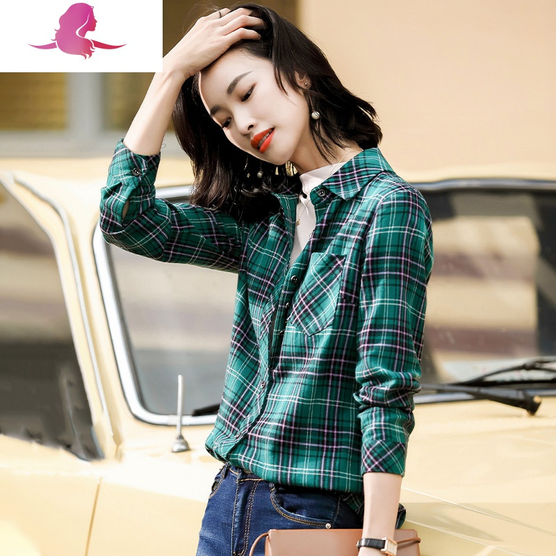 艳如飞棉绿色格子衬衫女春秋磨毛复古港味叠穿上衣时尚洋气外穿衬衣春