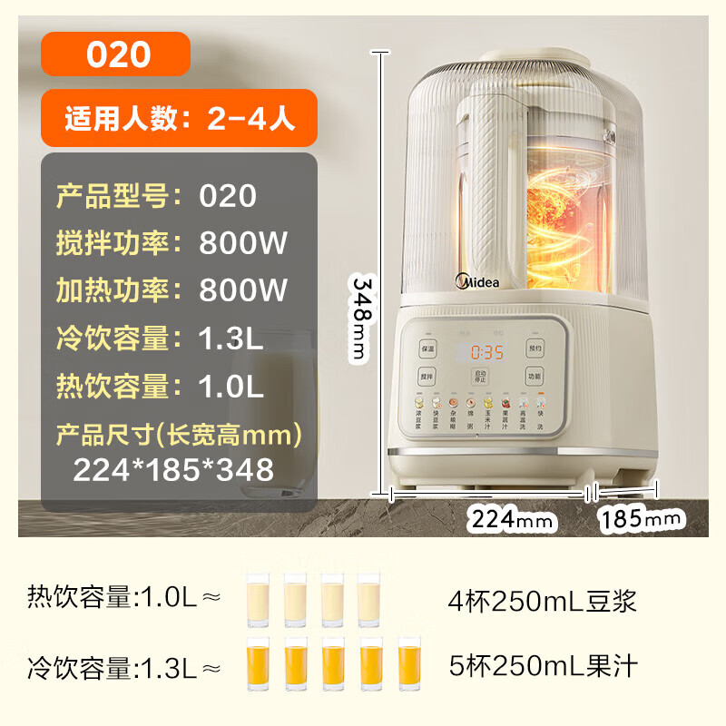 美的(Midea)破壁机家用1.3L安睡豆浆机全自动免煮智能降噪榨汁机料理辅食机轻量杯 MJ-PB5G2-020高清大图