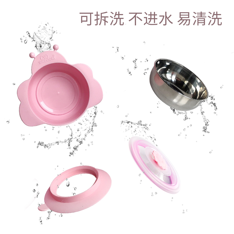 宝啦宝宝训练餐具不锈钢吸盘碗婴儿幼儿防摔卡通吃饭小碗防烫家用-----3191蜜桃粉
