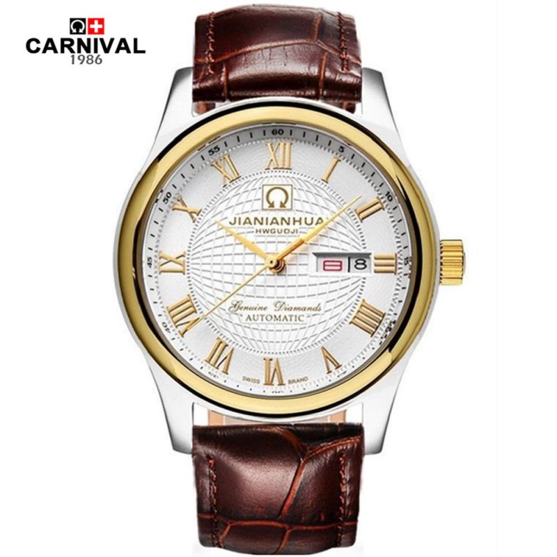 瑞士嘉年华CARNIVAL手表 名匠气质商务系列男士全自动机械表 男休闲时尚日历星期防水大三针金属精钢男表腕表8667G 间金白面皮带