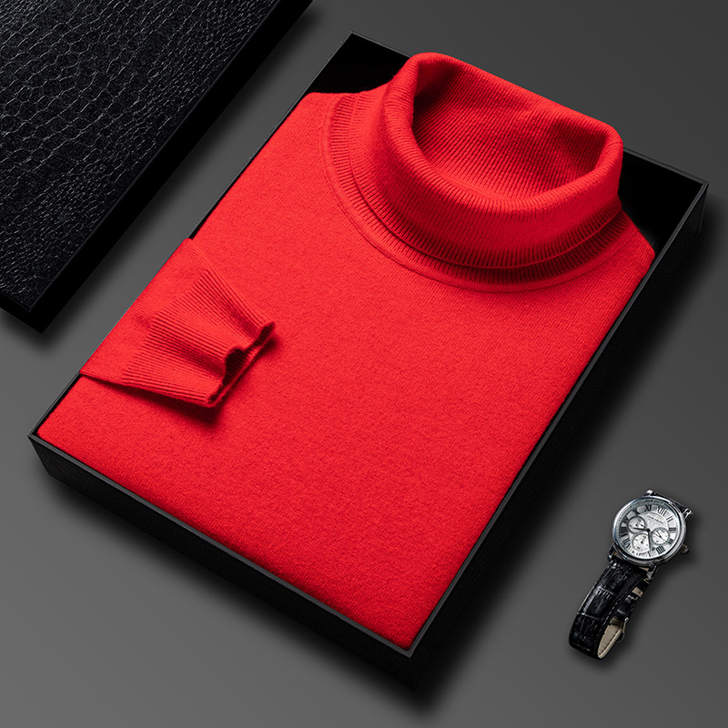 高领羊毛衫男2024冬季新款纯色净版加厚保暖套头休闲打底男士毛衣 大红 XL