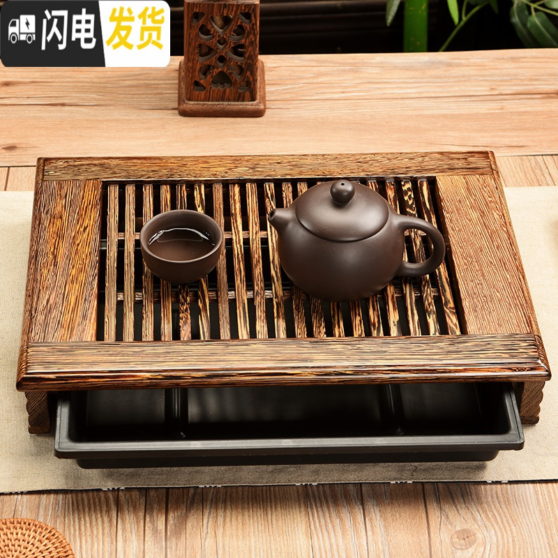 三维工匠鸡翅木茶盘抽屉茶台储式家用黑檀实木小号茶海功夫茶具茶托盘 黑檀木雅韵茶盘