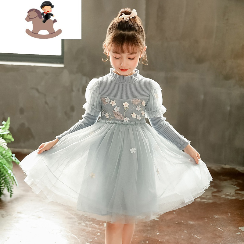 yuebin女童针织连衣裙秋冬装加绒厚花朵公主裙子儿童洋气毛线衣拼接纱