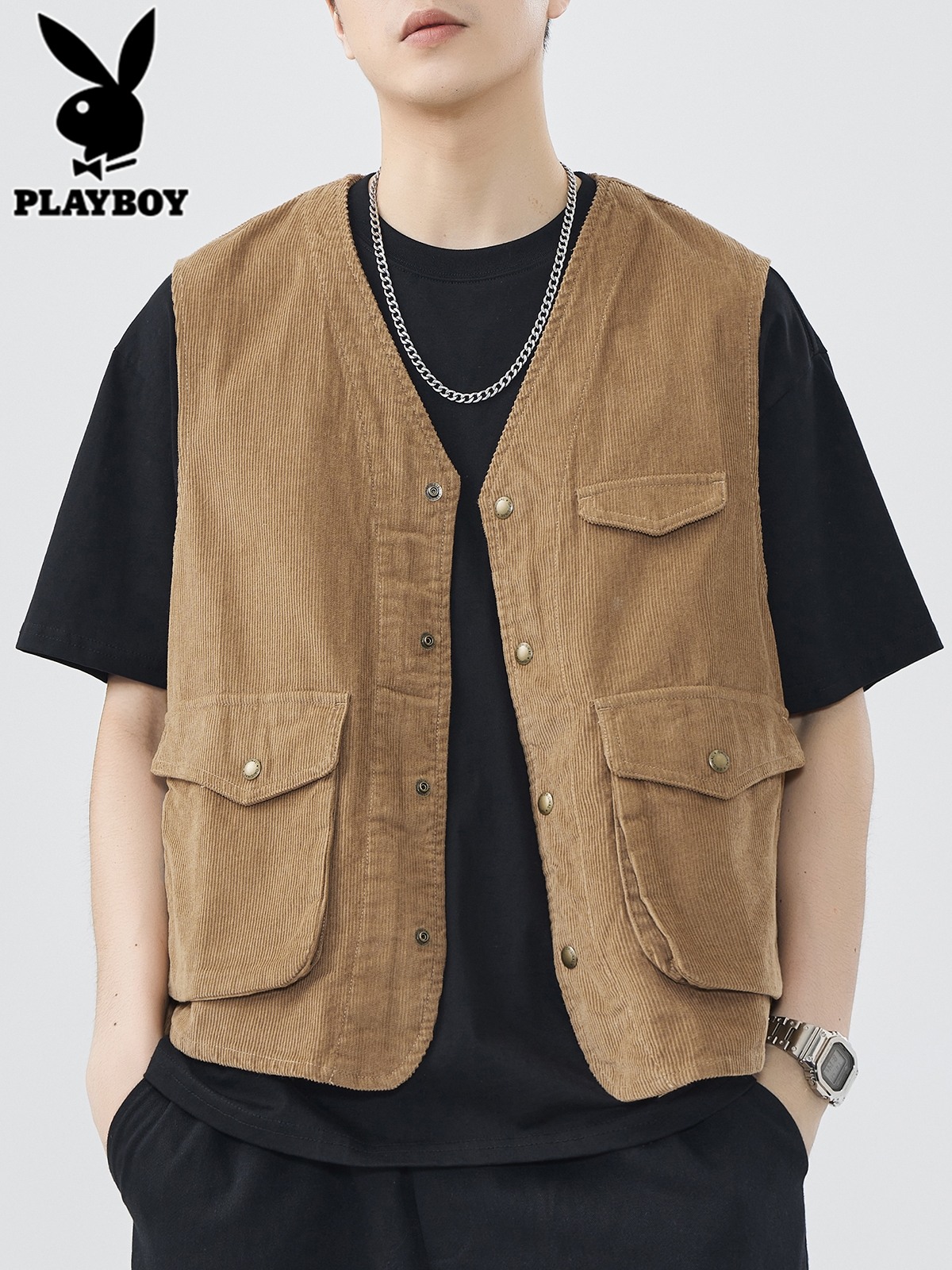 花花公子灯芯绒马甲男士工装背心2025年秋冬季新款日系马夹外套芯高清大图