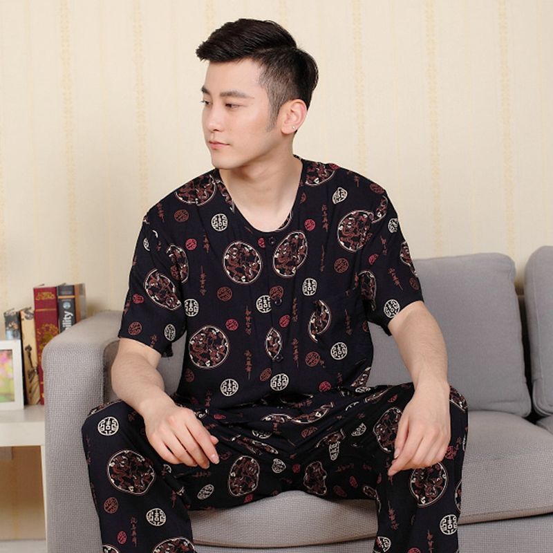 男士棉绸睡衣夏季绵绸薄款父亲短袖套装家居服中老年人造棉两件套男双