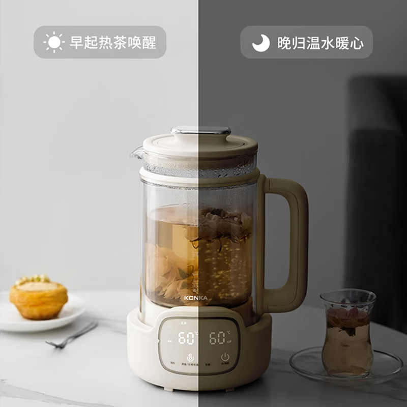康佳KONKA钛煮茶壶1L玻璃恒温养生壶发热盘加热24h预约72h保温双层中空柔音设计800W功率家用煮茶壶KYSH-1012E高清大图