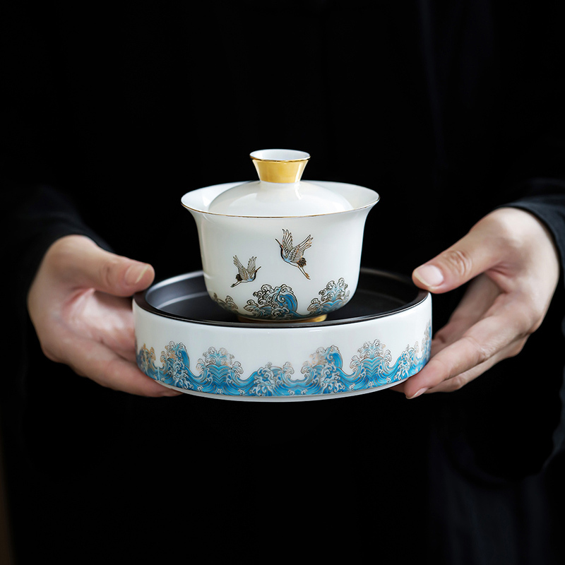 領藝 祥鹤观海轻云盖碗茶杯大号单个陶瓷功夫茶具三才茶碗带壶承 祥鹤观海轻云微月盖碗