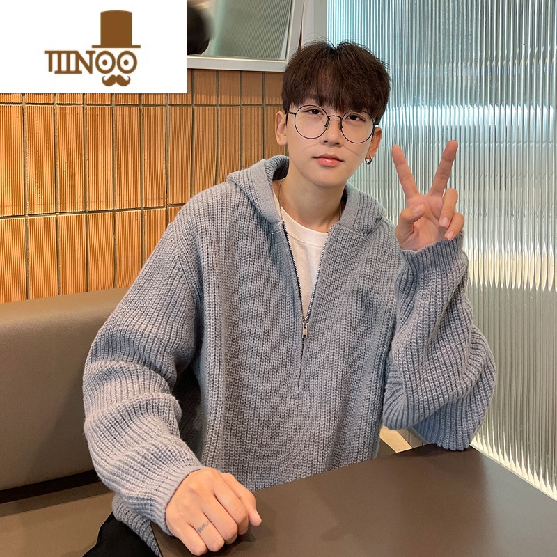 YANXU半拉链连帽毛衣男2023情侣潮牌慵懒风针织衫宽松简约休闲线衣高清大图