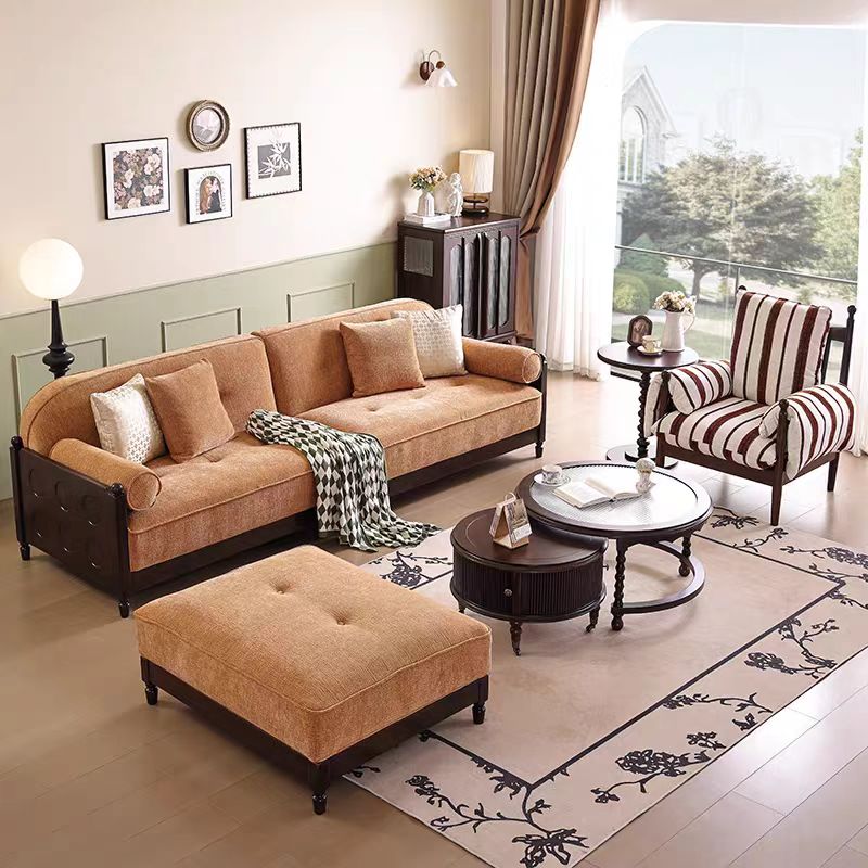法式复古实木布艺沙发客厅小户型三位直排转角贵妃榻沙发茶几组合高清大图