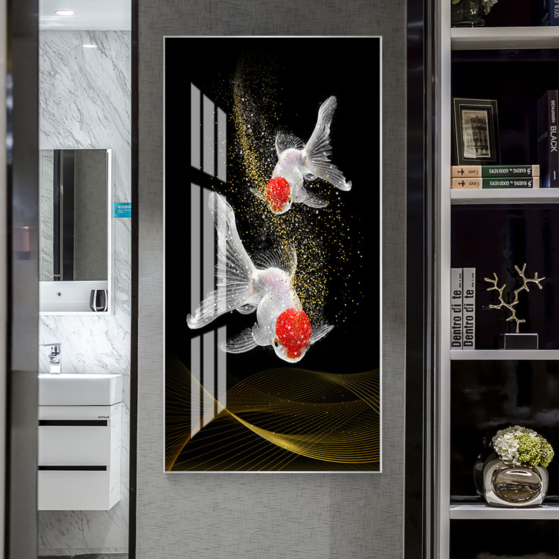 九鱼图玄关装饰画走廊过道挂画客厅酒店 祥吉金鱼(银色边框) 40*80cm晶瓷画(晶瓷工艺+金属框)统一发金色边框(需换高清大图