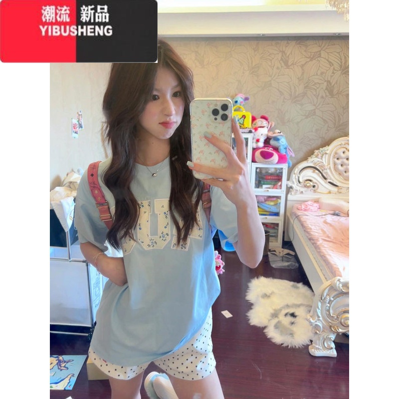 YIBUSHENG小碎花刺绣奶蓝色短袖T恤女季2024新款oversize小个子半袖上o高清大图