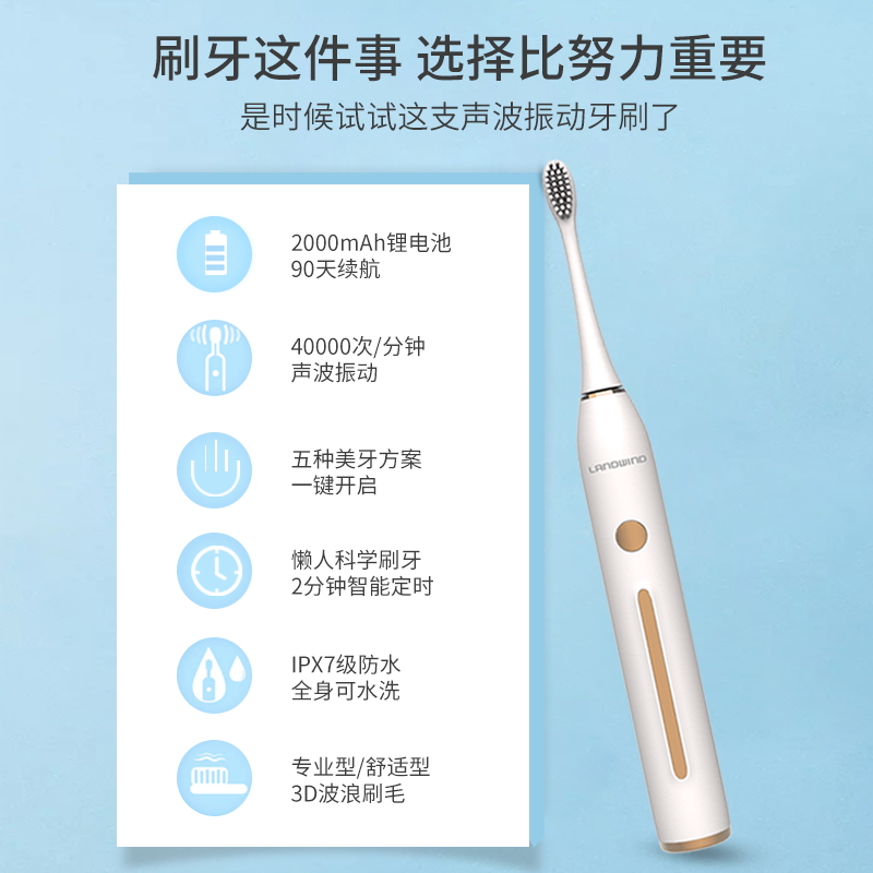 蓝韵 电动牙刷成人家用震动充电式 自动超声波软毛牙刷情侣款 洁面刷二合一 白色