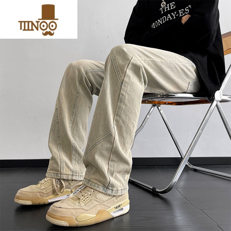 YANXU水洗直筒牛仔裤男痞帅日系复古做旧高街国潮怀旧美式宽松裤子高清大图