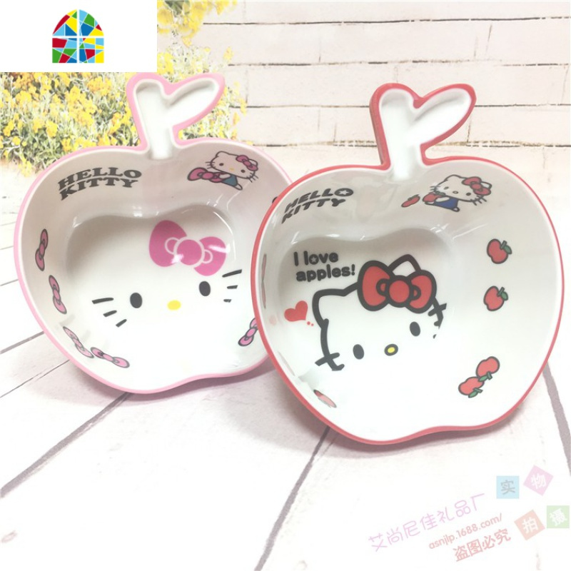 韩日式 仿塑料创意可爱米饭碗kitty苹果汤碗宝宝防摔餐具 FENGHOU 红色(猫盘)