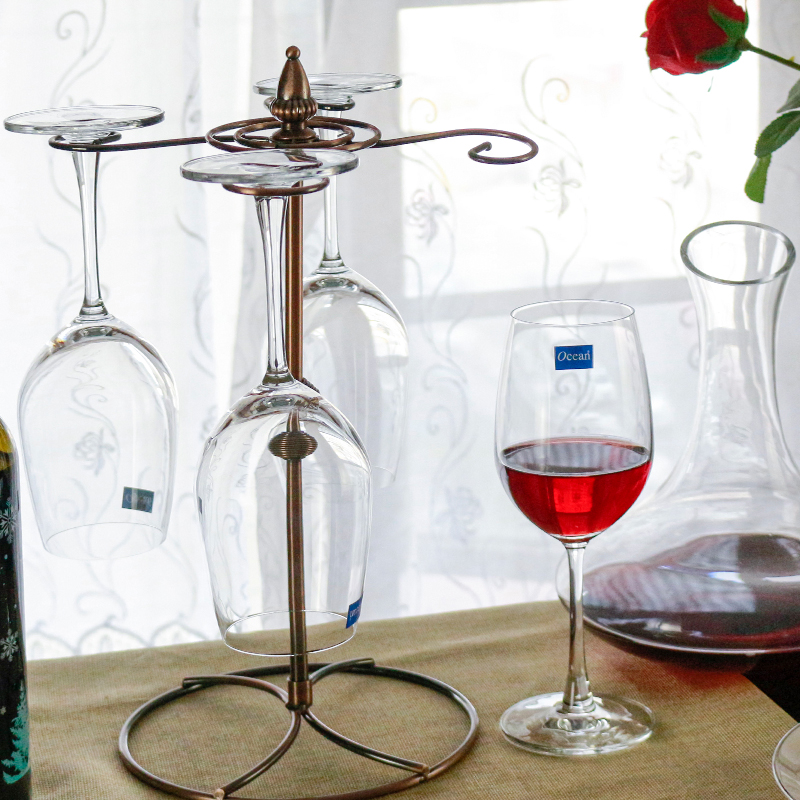 Ocean进口无铅玻璃冷切口红酒杯425ML4只配1500ML醒酒器配酒杯架套装高清大图