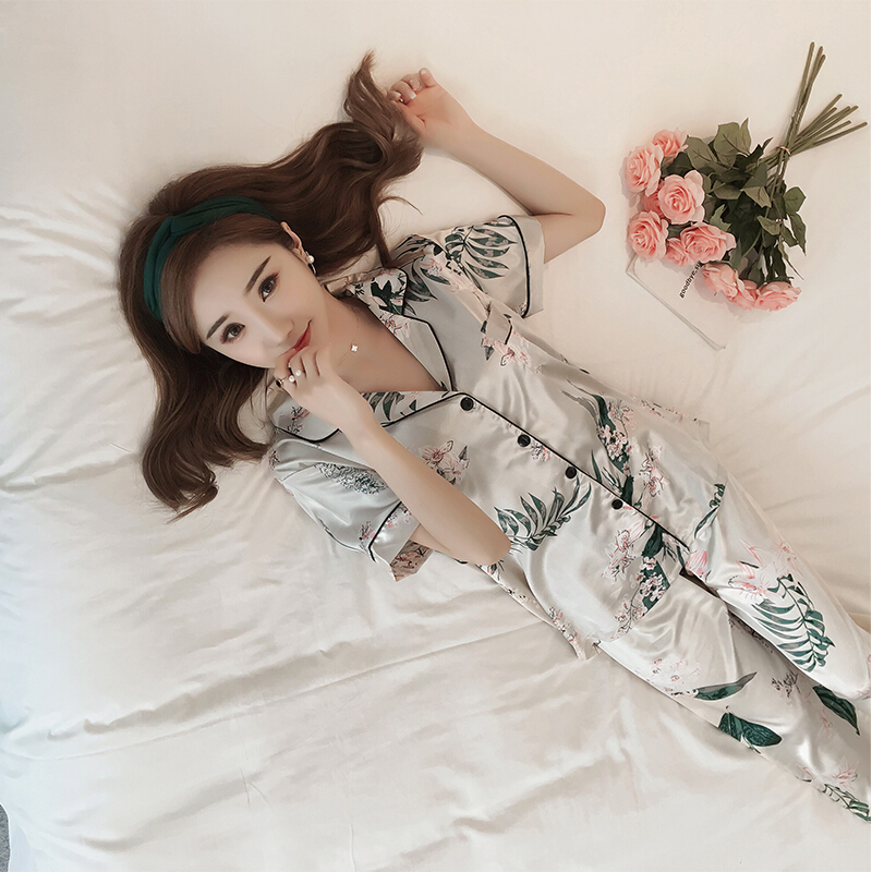 冰丝睡衣女夏秋短袖长裤清新丝绸胖mm加大码宽松仿家居服套装白兰花短袖长裤M[160高(80-100斤)]