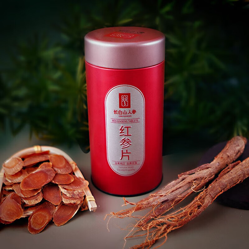 长白山人参红参片色正汤浓参味浓郁肉质紧实片薄1.4桶装100g高清大图