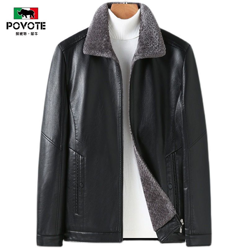 保威特犀牛中老年皮衣加绒加厚新款冬软皮夹克中年皮毛一体爸爸装