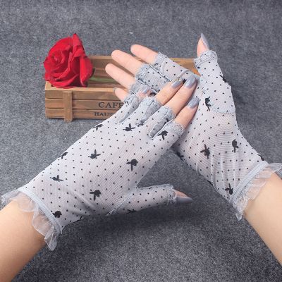 黑色夏季蕾丝手套女薄款短露半指弹力性感黑色网纱半截无指开车防晒秋