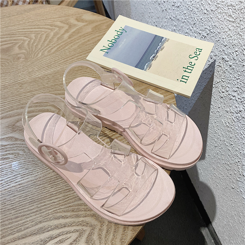 韩版时尚ins潮少女心可爱凉鞋女学生透明平底罗马鞋夏