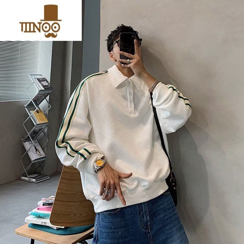 YANXU2022秋季新款翻领长袖polo衫男ins撞色条纹翻领套头卫衣oversize图片
