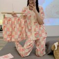睡衣女夏季冰丝短袖短裤薄款2026条纹卡通印花宽松大码可外穿家居 XXL Q68915