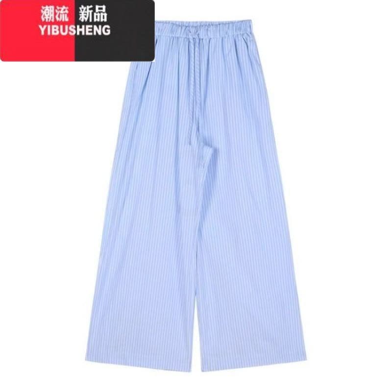 YIBUSHENG蓝色竖条纹垂感直筒休闲裤女春宽松阔腿拖地韩系长裤显瘦慵懒风图片