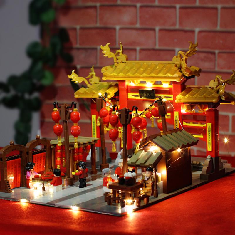 新年限定积木男孩子中国春节新年醒狮舞狮年夜饭庙会玩具 舞龙[2020新款]送暖灯高清大图