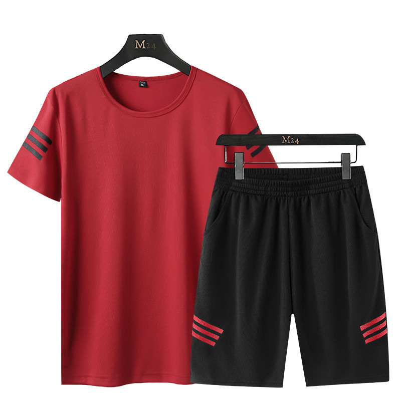 813三条杠#红黑 2xl|运动套装男短袖短裤训练速干健身服夏季羽毛球薄