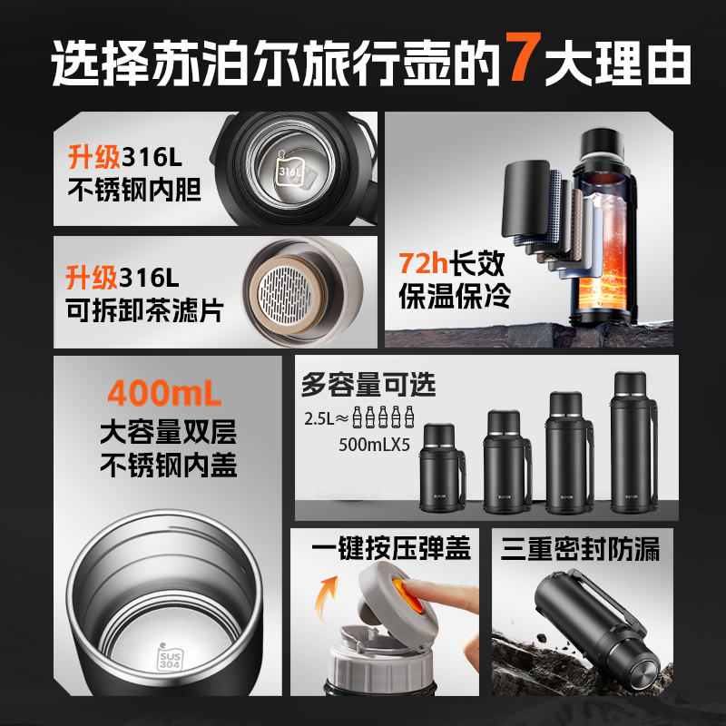 苏泊尔(SUPOR)长效保温壶大容量户外暖瓶热水壶车载不锈钢便携保温杯