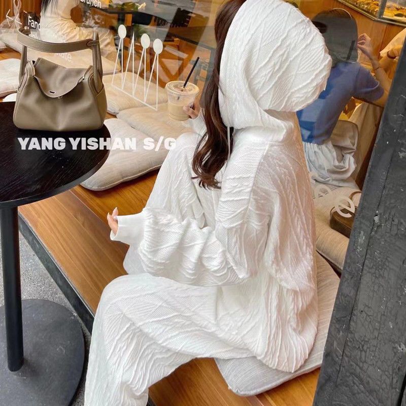白月光纹理感慵懒风套装女早秋装休闲时尚拖地裤连帽针织衫两件套