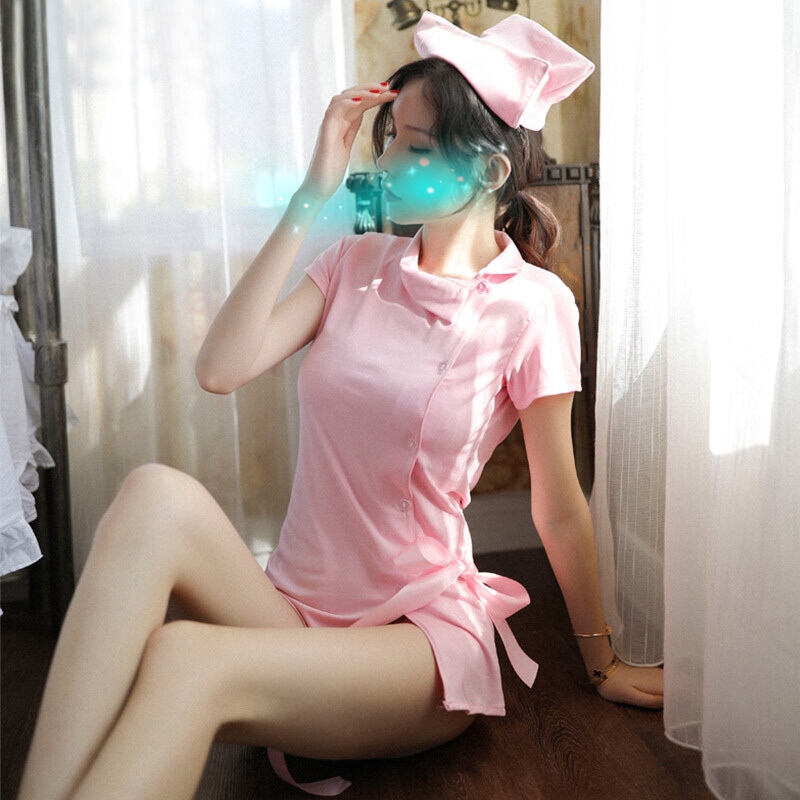 女士情趣内衣护士服职业制服套装V字连衣裙超短齐臀丁字内裤女式情趣睡衣透视性感开档学生睡裙后入式诱惑长夜漫漫成人美女性用品 粉色头饰+连衣裙+内裤 均码80-130斤