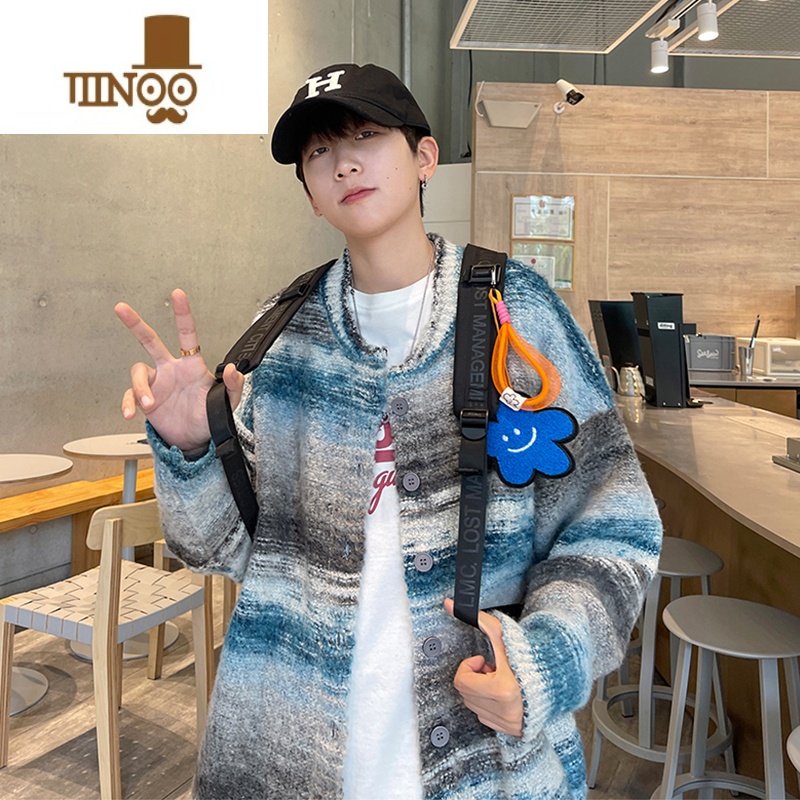 YANXU彩色条纹开衫毛衣男款潮牌撞色针织衫慵懒风宽松休闲线衣外套高清大图