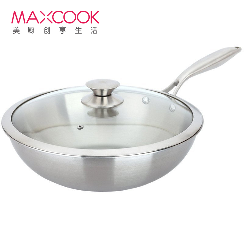 美厨(MAXCOOK)304不锈钢炒锅 少油烟无涂层物理不粘锅 加盖32CM 银月系列 锅具MCGU-YY32