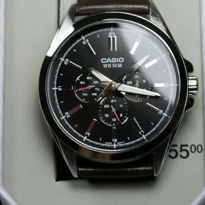 卡西欧casio男士石英表三眼计时商务休闲防水星期日历简约时尚石英